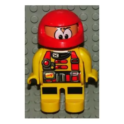Duplo Figure, Male Action Wheeler, Yellow Legs, Yellow Top with Racer Pattern, Red Racing Helmet (4141909)