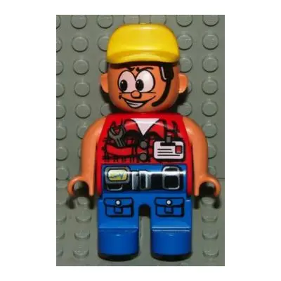 Duplo Figure, Male Action Wheeler, Blue Legs with Belt & Pockets, Red Vest with Wrench & ID, Yellow Cap (4141906)