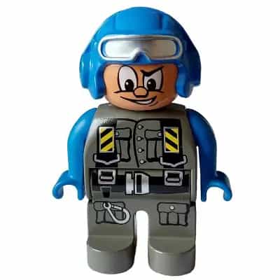 Duplo Figure, Male Action Wheeler, Dark Gray Legs, Dark Gray Jumpsuit, Blue Arms, Blue Aviator Helmet with Goggles