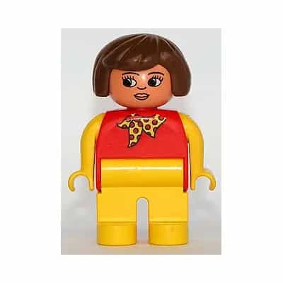 Duplo Figure, Female, Yellow Legs, Red Top with Yellow Polka Dot Scarf, Yellow Arms, Brown Hair, Nose and Lips, White in Eyes