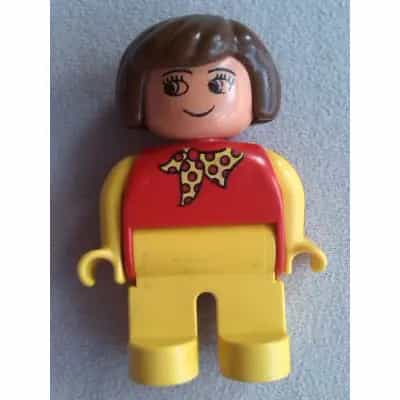 Duplo Figure, Female, Yellow Legs, Red Top with Yellow Polka Dot Scarf, Yellow Arms, Brown Hair, Grin