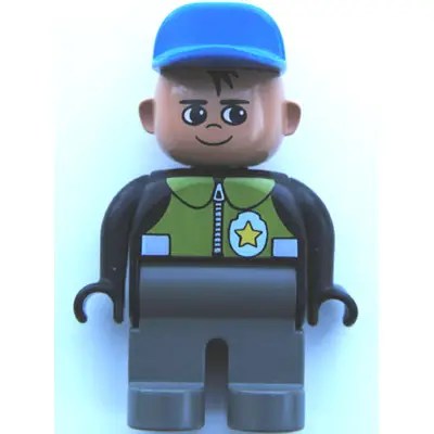 Duplo Figure, Male Police, Dark Gray Legs, Black Top with Pale Green Vest and Police Badge, Blue Cap