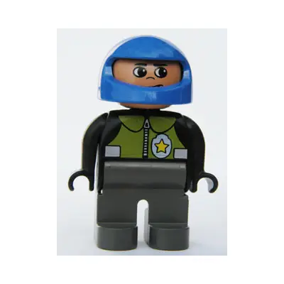 Duplo Figure, Male Police, Dark Gray Legs, Black Top with Pale Green Vest and Police Badge, Blue Helmet