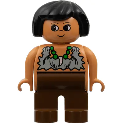 Duplo Figure, Female, Brown Legs, Tooth Necklace Pattern, Black Hair (Cavewoman)