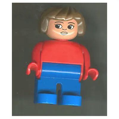 Duplo Figure, Female, Blue Legs, Red Top, Brown Hair, Eyelashes, Smile with Lips