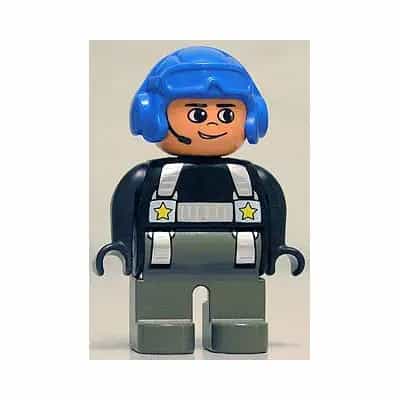 Duplo Figure, Male Police, Dark Gray Legs, Black Top with Silver Harness and Yellow Stars, Headset, Blue Aviator Helmet
