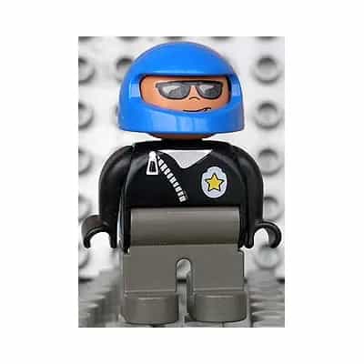 Duplo Figure, Male Police, Dark Gray Legs, Black Top Zippered Jacket and Police Badge, Blue Helmet