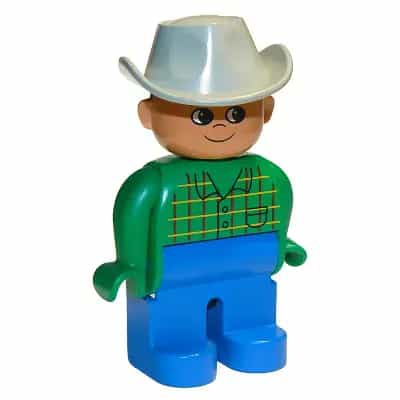 Duplo Figure, Male, Blue Legs, Green Top with Pocket, Light Gray Cowboy Hat