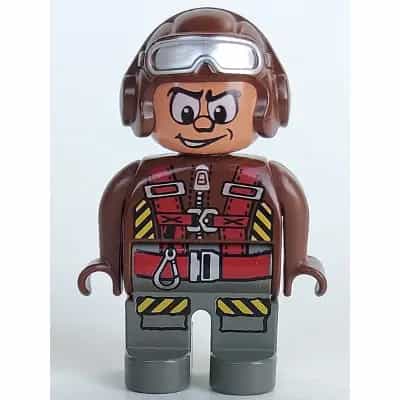 Duplo Figure, Male Action Wheeler, Dark Gray Legs, Brown Top with Parachute Straps, Brown Helmet with Goggles