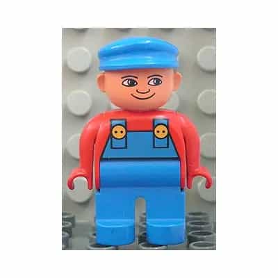 Duplo Figure, Male, Blue Legs, Red Top with Blue Overalls, Blue Cap, Turned Down Nose