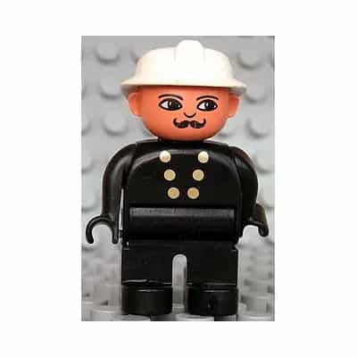 Duplo Figure, Male Fireman, Black Legs, Black Top with 6 Gold Buttons, White Fire Helmet, Moustache
