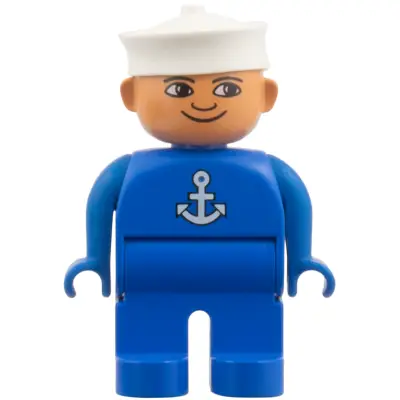 Duplo Figure, Male, Blue Legs, Blue Top with White Anchor, White Sailor Hat
