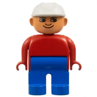 Duplo Figure, Male, Blue Legs, Red Top, White Construction Hat