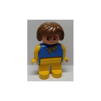Duplo Figure, Female, Yellow Legs, Blue Top with Yellow and Blue Polka Dot Scarf, Yellow Arms, Brown Hair, no Nose, Plain Eyes
