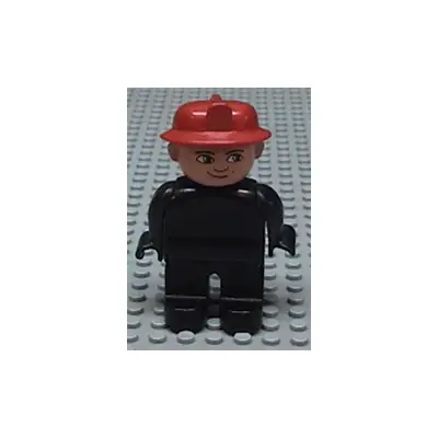 Duplo Figure, Male Fireman, Black Legs, Black Top (no buttons), Red Fire Helmet