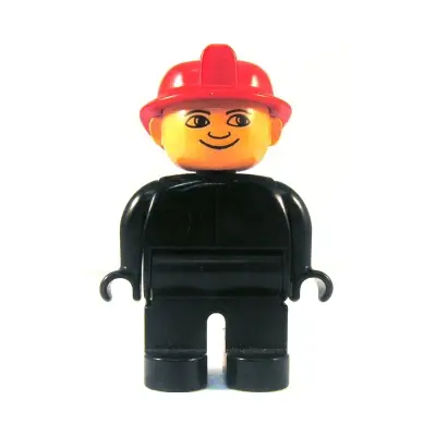 Duplo Figure, Male Fireman, Black Legs, Black Top (no buttons), Red Fire Helmet, no White in Eyes Pattern