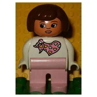 Duplo Figure, Female, Pink Legs, White Top with Pink Scarf with Hearts Pattern, Brown Hair