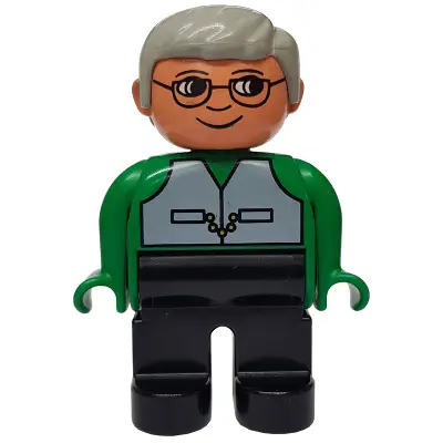 Duplo Figure, Male, Black Legs, Green Top with Vest, Gray Hair, Glasses