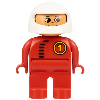 Duplo Figure, Male, Red Legs, Red Top with Black Zipper and Racer #1, White Helmet