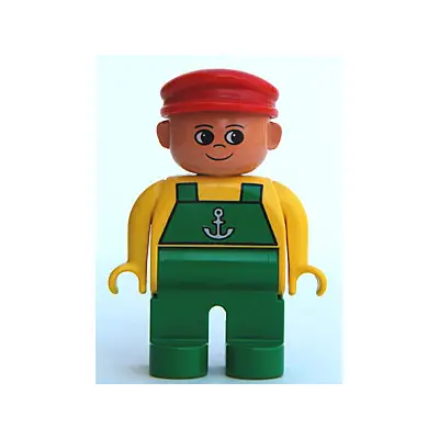 Duplo Figure, Male, Green Legs, Yellow Top with Green Overalls and Anchor, Red Cap