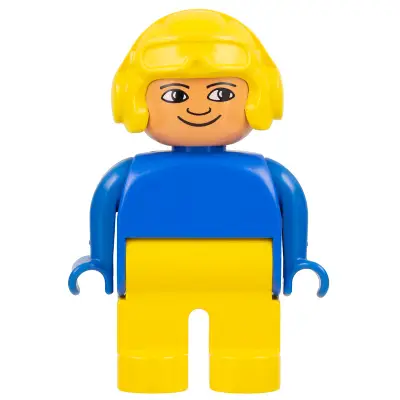 Duplo Figure, Male, Yellow Legs, Blue Top, Aviator Helmet Yellow