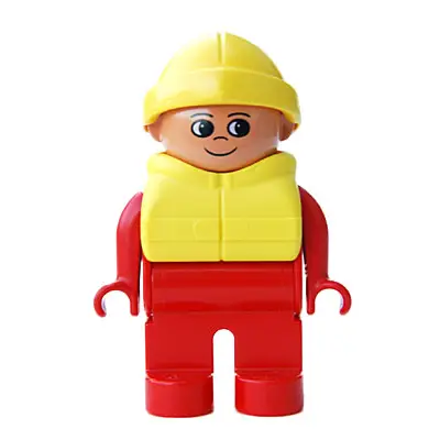 Duplo Figure, Male, Red Legs, Red Top, Life Jacket, Yellow Rain Hat
