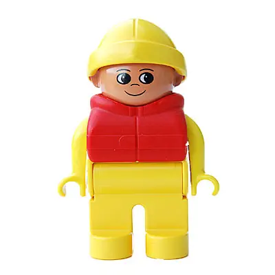 Duplo Figure, Male, Yellow Legs, Yellow Top, Life Jacket Red, Yellow Rain Hat