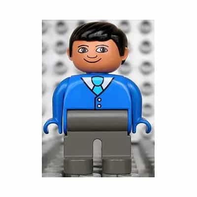 Duplo Figure, Male, Dark Gray Legs, Blue Top With 2 Buttons And Tie, Black Hair