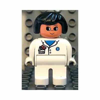 Duplo Figure, Female Medic, White Legs, White Top with Pocket and EMT Star of Life Pattern, Black Hair