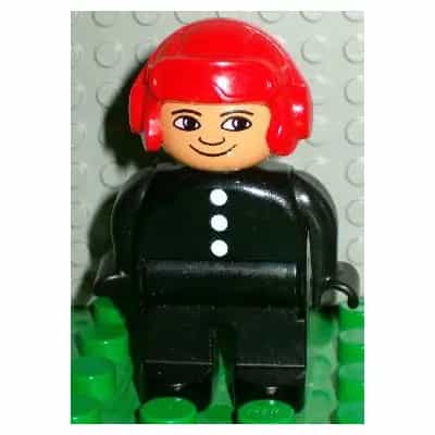 Duplo Figure, Male Fireman, Black Legs, Black Top with 3 White Buttons, Red Aviator Helmet