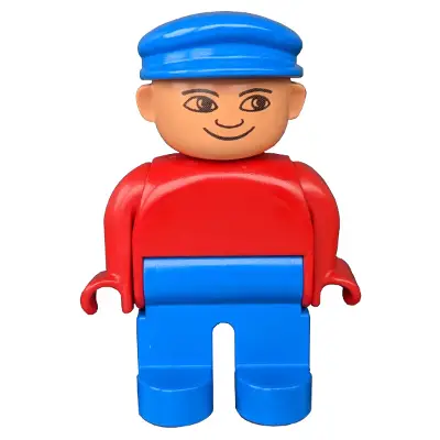 Duplo Figure, Male, Blue Legs, Red Top, Blue Cap