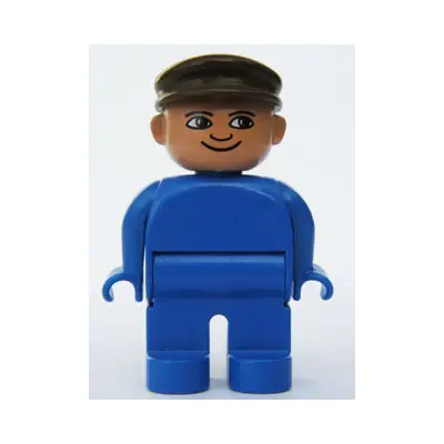 Duplo Figure, Male, Blue Legs, Blue Top, Brown Cap