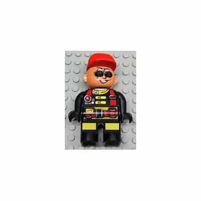 Duplo Figure, Male Action Wheeler, Black Legs with Yellow Patches, Red Straps, Sunglasses, Red Cap (4141905)