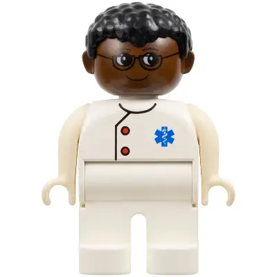Duplo Figure, Doctor / Medic - Male, Adult Man, White Legs, White Top with Buttons and EMT Star of Life Pattern, Black Hair, Brown Head (75503)