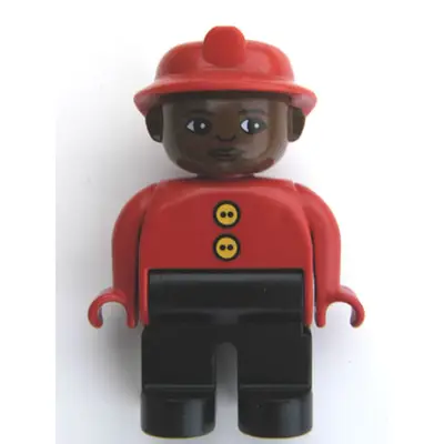 Duplo Figure, Male Fireman, Black Legs, Red Top with Two Buttons, Red Fire Helmet, Brown Head