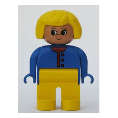 Duplo Figure, Female, Yellow Legs, Blue Sweater Unbuttoned with Red Buttons, Yellow Hair (75468)