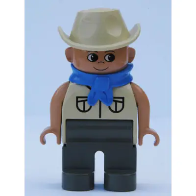 Duplo Figure, Male, Dark Gray Legs, Tan Top Safari with Pockets, Cowboy Hat, Blue Bandana (4144058)