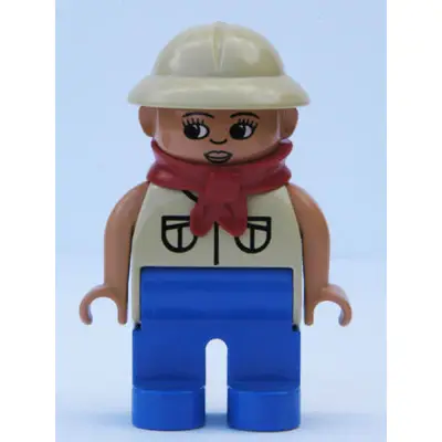 Duplo Figure, Female, Blue Legs, Tan Top with 2 Pockets, Tan Pith Helmet, Red Bandana, Eyelashes (4144057)