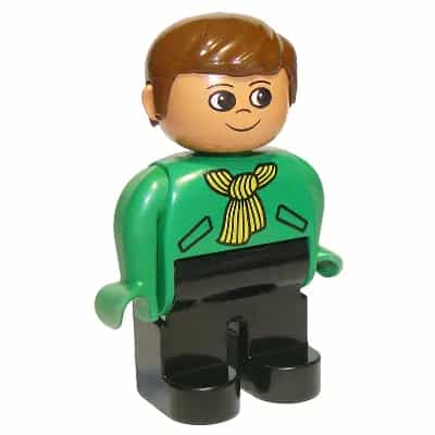 Duplo Figure, Male, Black Legs, Green Top with Yellow Scarf, Brown Hair (75699)
