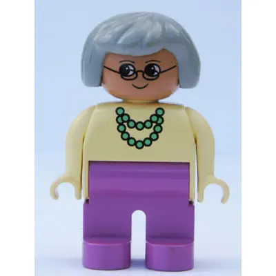 Duplo Figure, Female, Dark Pink Legs, Yellow Blouse with Green Necklace, Gray Hair