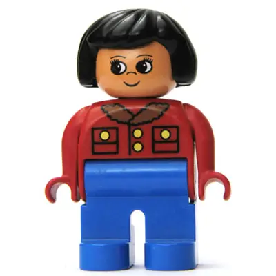 Duplo Figure, Female, Blue Legs, Red Jacket with Gold Buttons, Black Hair (75698)