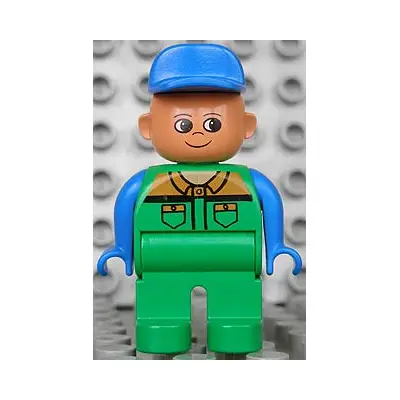 Duplo Figure, Male, Green Legs, Green Work Suit, Blue Arms, Blue Hat (4171006)