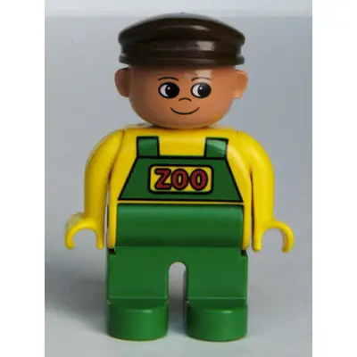 Duplo Figure, Male, Green Legs, Yellow Top with Green Overalls, Brown Cap (Zoo Keeper)