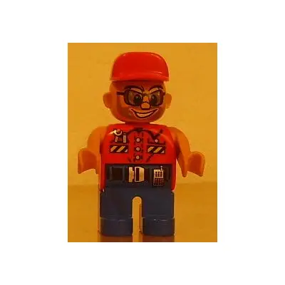 Duplo Figure, Male Action Wheeler, Blue Legs, Red Top with Wrench, Red Cap, Sunglasses, Beard