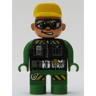 Duplo Figure, Male Action Wheeler, Green Legs, Green Top, Yellow Hat, Glasses (Construction Worker Driver)