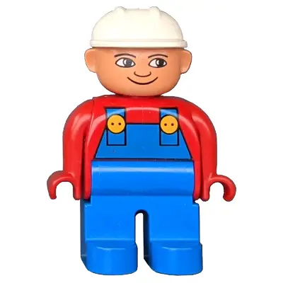 Duplo Figure, Male, Blue Legs, Red Top with Blue Overalls, Construction Hat White, Turned Down Nose