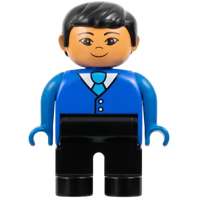 Duplo Figure - Male, Adult Man, Black Legs, Blue Top with Buttons and Tie Pattern, Black Hair, Nougat Head (75497)