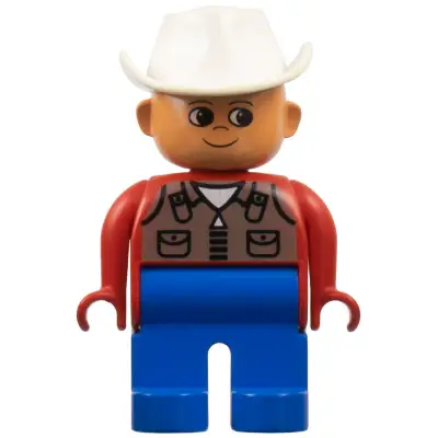 Duplo Figure, Male, Blue Legs, Red Top with Dark Tan Zipper Vest, White Cowboy Hat