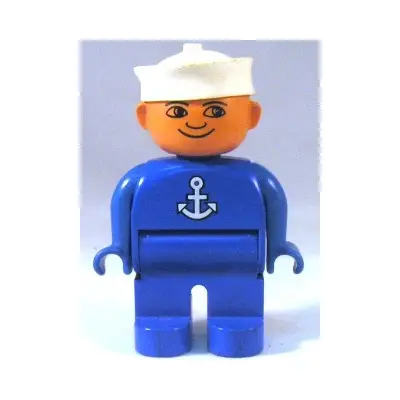 Duplo Figure, Male, Blue Legs, Blue Top with White Anchor, White Sailor Hat, Plain Eyes
