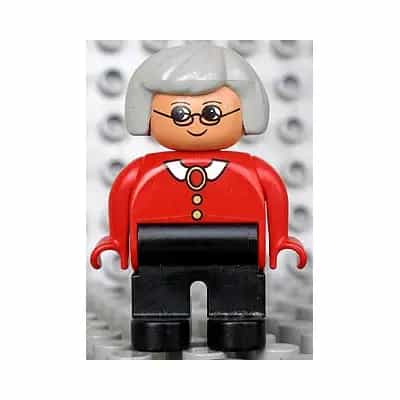Duplo Figure, Female, Black Legs, Red Blouse with White Collar, Gray Hair, Glasses (75467)